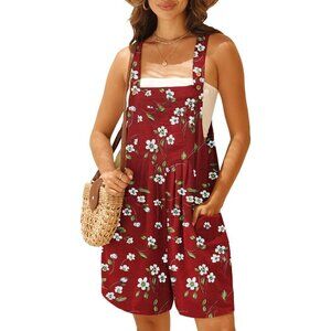Womens wine Red Daffodil Wide Leg Shorts Overalls Adjustable  Strap Bib Jumpsuit
